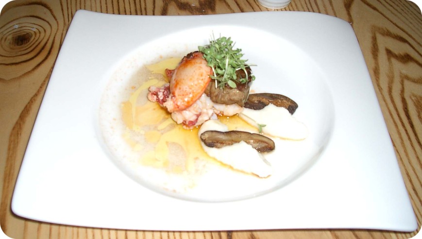 Lobster, Fois-gras, shiitake, and white asparagus puree